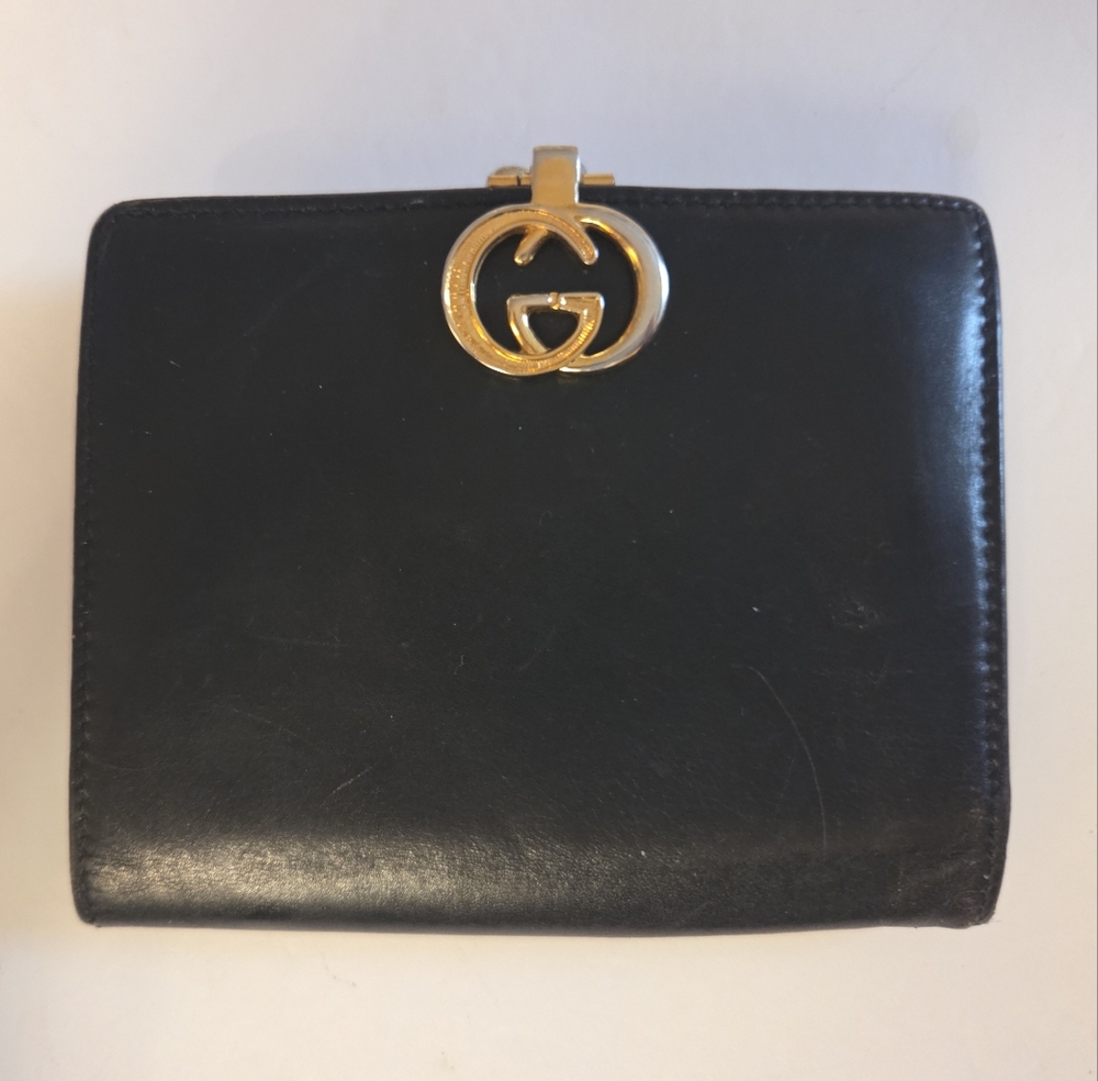 EGA GUCCI GG Supreme GG Leather Bifold Wallet, Gold Clasp & Double Diamond,Black